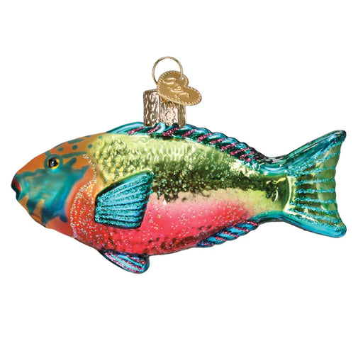 The Parrotfish Old World Christmas 12702 ornament beautifully captures the vibrant hues of green, red, orange, and blue that mimic the stunning allure of a hard coral reef. It is topped with a gold cap for convenient hanging.