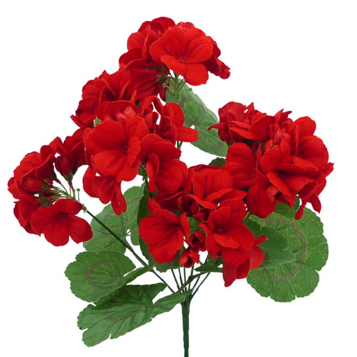 The 13 Inch Red Geranium Bush with 7 Stems (62691RD) features vibrant red blooms and multiple rounded green leaves, perfect for wreath making or use as artificial flowers, shown isolated on a white background.