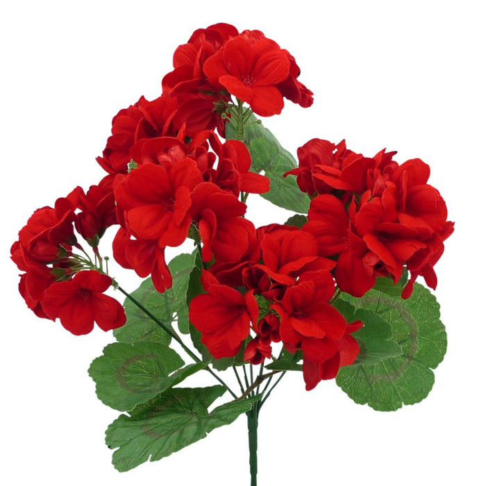 The 13 Inch Red Geranium Bush with 7 Stems (62691RD) features vibrant red blooms and multiple rounded green leaves, perfect for wreath making or use as artificial flowers, shown isolated on a white background.
