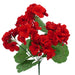 The 13 Inch Red Geranium Bush with 7 Stems (62691RD) features vibrant red blooms and multiple rounded green leaves, perfect for wreath making or use as artificial flowers, shown isolated on a white background.