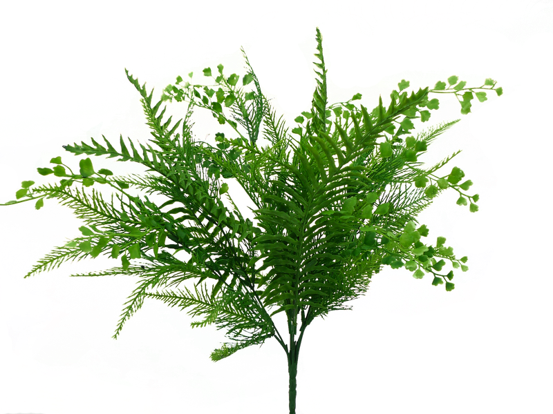 The 20" Green Plastic Mix Fern Bush with 7 Stems (13485GN) features lifelike green fern leaves and delicate foliage, creating a realistic artificial plant ideal for display against a plain white background.