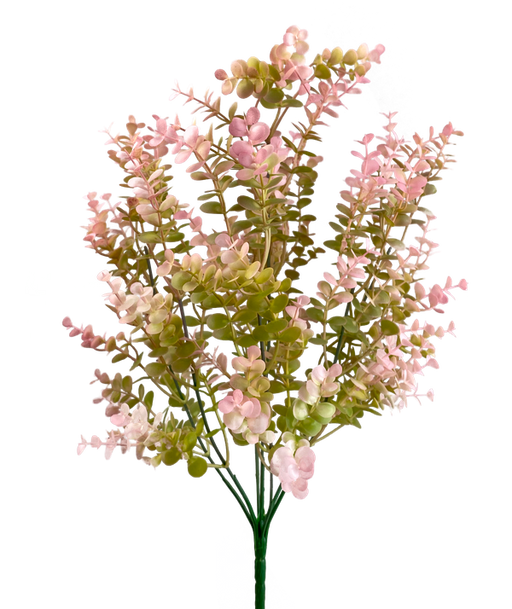 A 20 Pink Plastic Eucalyptus Bush with 7 stems (13583PK) features small, round pink blossoms and green leaves on multiple stems, arranged in a fan shape against a transparent background.
