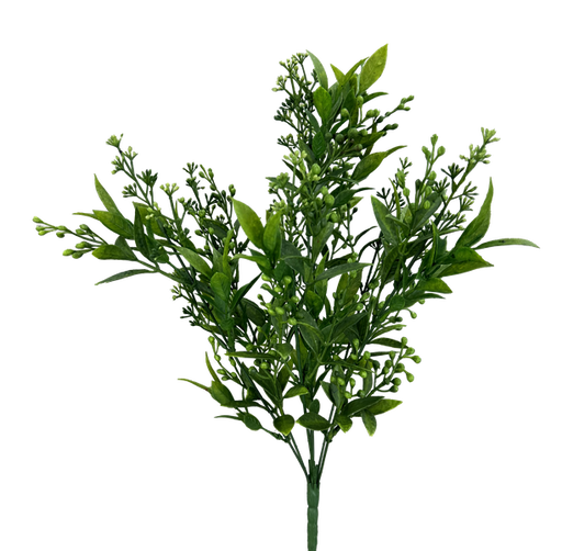 The 18 Green 7 Stems Plastic Sedium Leaves Bush 13622GN features green leafy branches and small closed buds on thin stems, isolated on a white background.