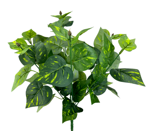 The 15 Green Pothos Bush with 7 Stems (13646GN) features lush green leaves and small buds in varying shades and patterns, including dark green and yellow streaks, creating a dense, vibrant display.