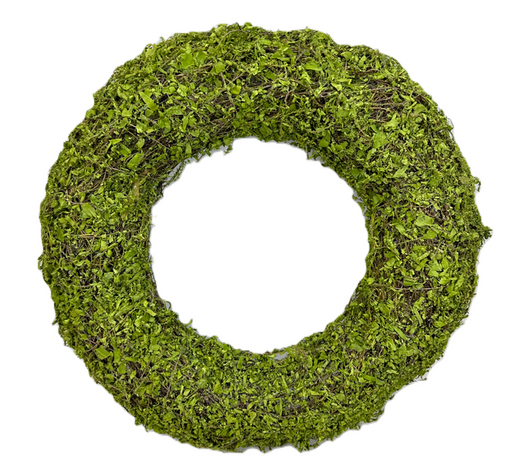 The 18 Inch Green Moss Wreath – Wire, Vine & Moss Base for Wreath Making (13654WR18) features a natural, textured look with an open center, perfect for farmhouse décor and creative wreath-making. Displayed from above on a white background.