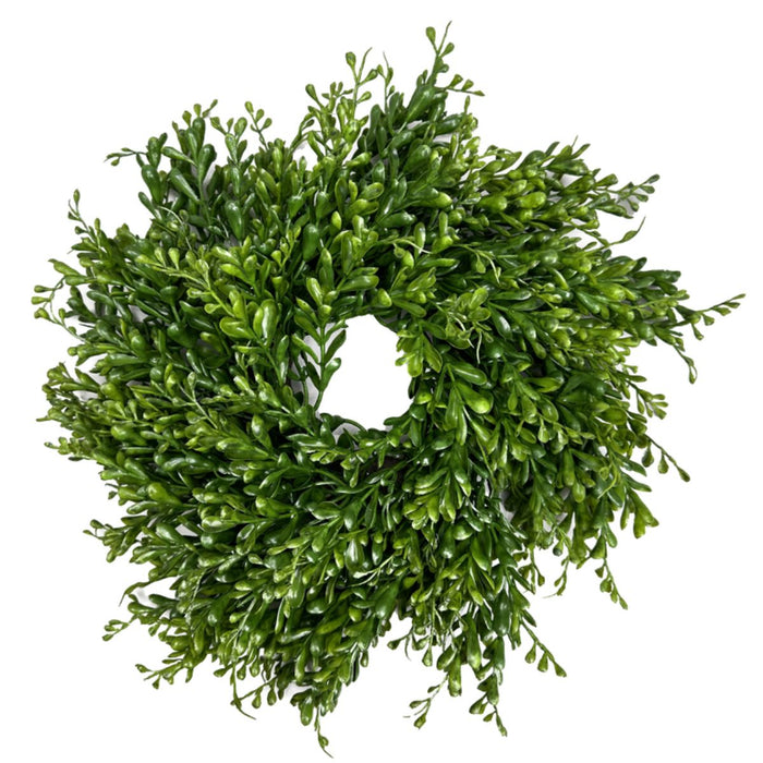 14-inch cabinet wreath with mixed green plastic greenery in a full, round shape