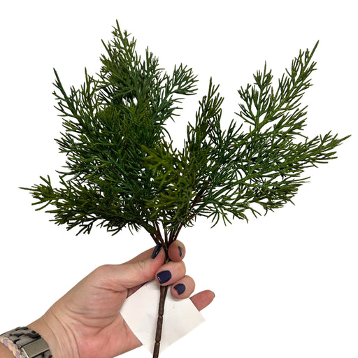 15-inch green cedar pick with feathery evergreen branches for Christmas wreaths, winter floral arrangements, and greenery accents, XG6117-063.

