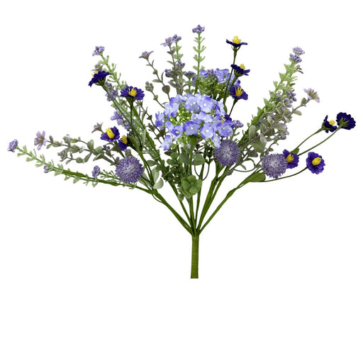 Lavender and light blue artificial filler bush with hydrangea blooms and mixed greenery, 15 inches tall.