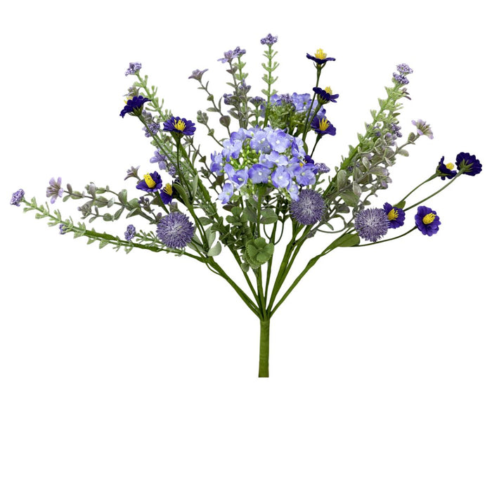 Lavender and light blue artificial filler bush with hydrangea blooms and mixed greenery, 15 inches tall.