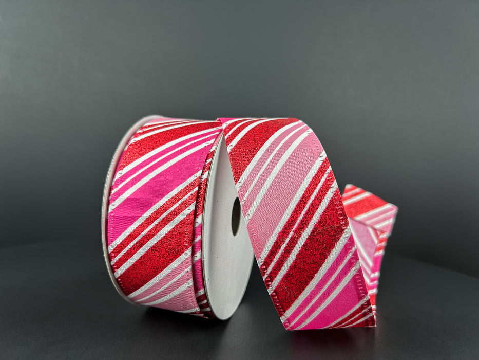 Red Glitter-Fuchsia-Pink-White Diagonal Stripe Satin, 1.5"X10Y 15402-09-12