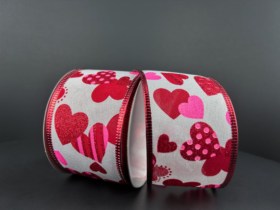 White Linen/Red-Pink Dot Stripe Hearts, 2.5"X10Y 15403-40-28