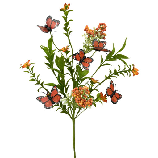16-inch artificial butterfly pick with orange butterflies, green foliage, and clusters of orange berries