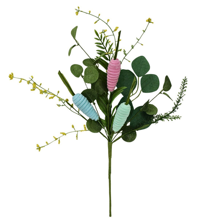 16" Mixed Chenille Carrot Spray with eucalyptus and mixed greens, pink, green and blue chenille carrot, 40455