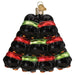 Penguin Family of 9 Old World Christmas Ornament 16156, a glass ornament shaped like a pyramid of nine black penguins decorated with red and green glittery ribbons.