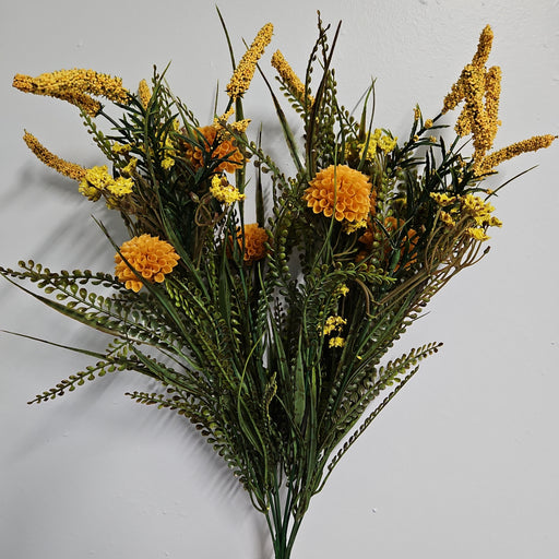 The 21 Yellow Dahlia Foxtail Bush features clusters of marigold-like orange blooms and small yellow dahlia flowers, along with tall foxtail bush spikes and green leafy stems, set against a plain white background.