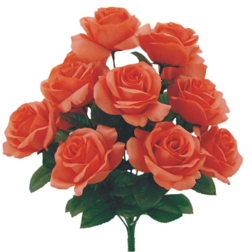 Artificial coral Lillian open rose bush with 12 stems and lush green leaves, 17 inches tall.