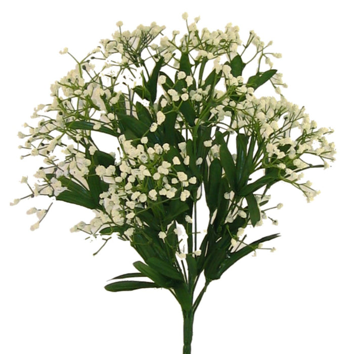 Artificial cream gypso bush with 14 stems of tiny clustered flowers and green leaves, 17 inches tall