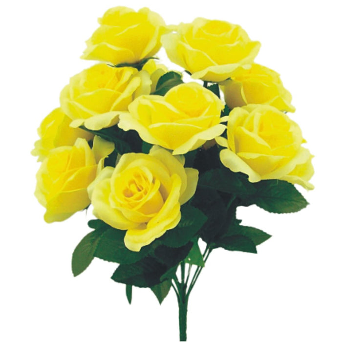 Artificial bright yellow rose bush with 12 open blooms and green leaves, 17 inches tall