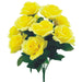 Artificial bright yellow rose bush with 12 open blooms and green leaves, 17 inches tall