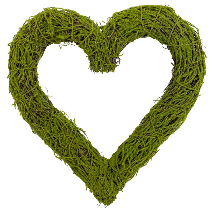 The 17 Inch Green Moss Heart Form for Wreaths and Craft Projects 63099GN features artificial green moss and moss-covered twigs, shaped into a heart and shown against a white background.