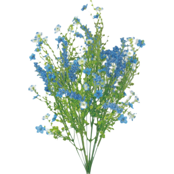 The 18 Inch Blue and Green Baby’s Breath Filler Bush (12 Stems, 30356TTBL) showcases artificial green stems with blue and white flowers, ideal for adding as a filler to floral arrangements or wreaths. Arranged against a white background.