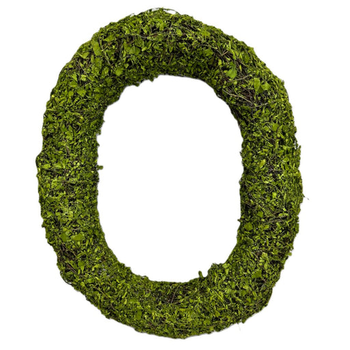 The image features the 18 x 15 Inch Oval Green Moss Wreath (Natural Moss Wreath – 13655GN), shaped with lush green moss for a textured, natural look—a unique décor piece perfect for seasonal displays against a white background.