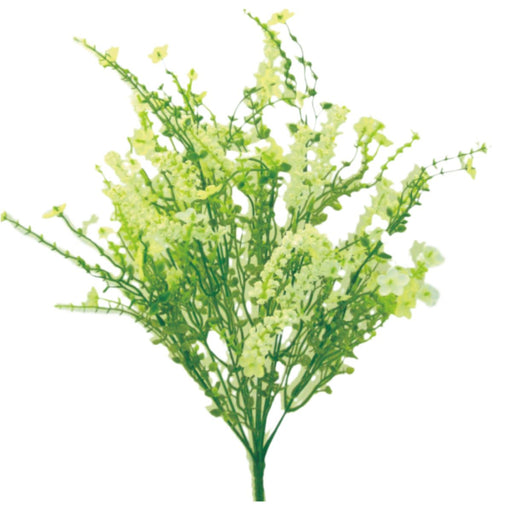 The 18 Inch Cream Baby’s Breath Filler Bush (30356CM) features 12 stems of delicate artificial green and cream blossoms, ideal as a filler for floral arrangements. Isolated on a white background.