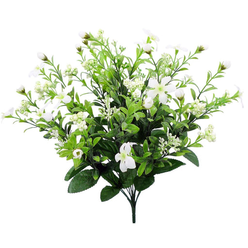 The 18 Inch Cream Star Flower Berry Bush features 12 stems of artificial white flowers, green leaves, and cream star accents—ideal for DIY floral arrangements and styling against a white background.