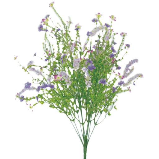 The 18 Inch Lavender Baby’s Breath Filler Bush (12 Stems, #30356LV) features delicate green stems with small purple and white flowers, perfect for wreath making or as a floral filler against a plain white background.