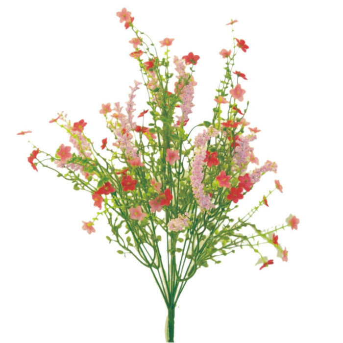 The 18 Inch Pink Baby’s Breath Filler Bush (12 Stems, 30356PK) features artificial green stems with small pink blooms and red flowers, ideal as a floral filler bush, displayed against a white background.