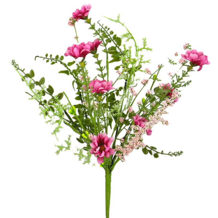 Hot pink wild flower and pink berry filler pick with green foliage, 18 inches tall.