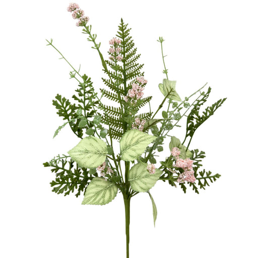 Artificial green fern leaf pick with pink berry clusters and light green foliage, 18 inches tall.