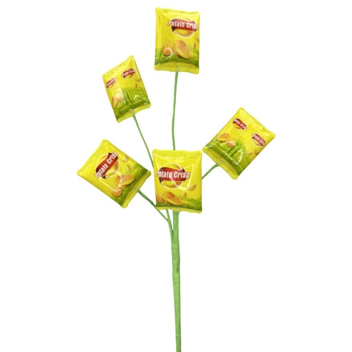 Decorative pick with five miniature yellow potato chip bags on wired stems, 18 inches tall.