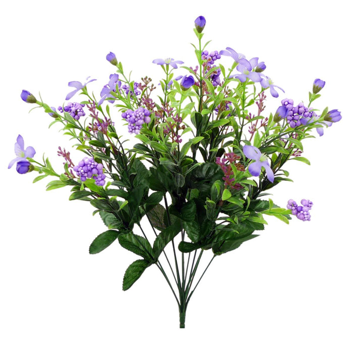 The 18 Inch Purple Star Flower Berry Bush (12 stems, 35094PU) features purple artificial flowers and green leaves, fan-arranged with small berry buds—ideal for wreath making.