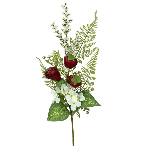Artificial floral pick with red strawberries, white hydrangea blooms, and green foliage, approximately 18 inches tall.