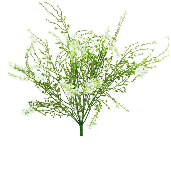 The 18 Inch White and Green Baby’s Breath Filler Bush (30356WT) features 12 artificial stems with small white blooms and green foliage, ideal for wreath making, displayed against a plain white background.