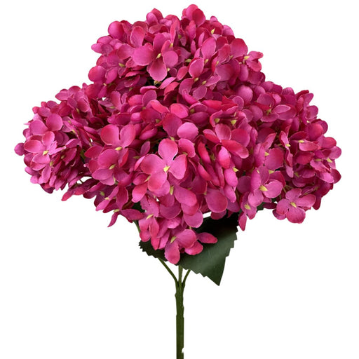 Artificial hot pink hydrangea bush with 5 stems of full blossoms, 19 inches tall