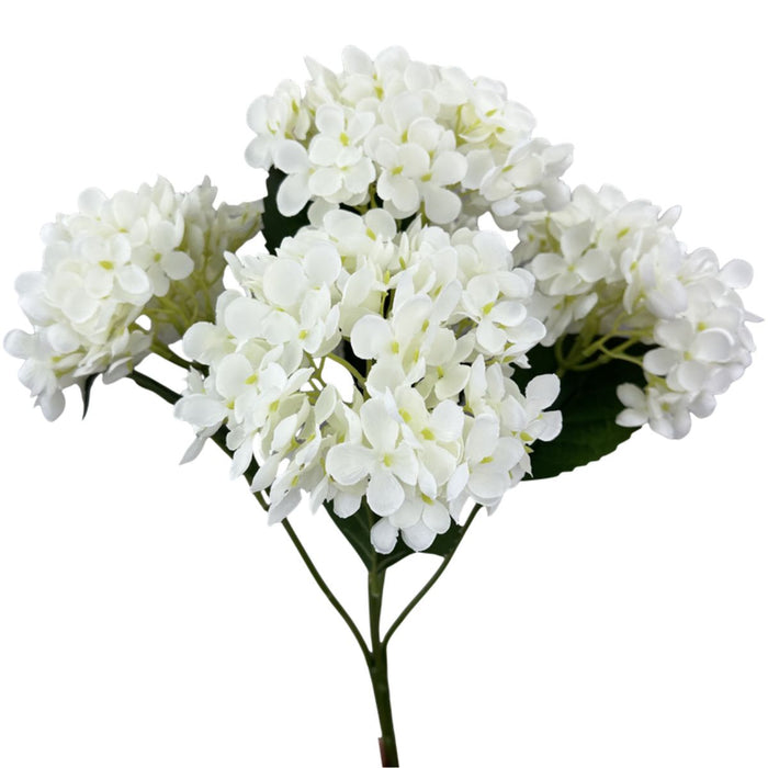 Artificial cream hydrangea bush with 5 stems and full soft blooms, 19 inches tall