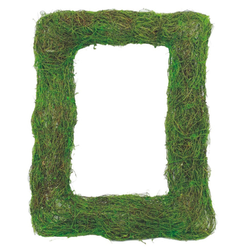 The 19 Inch x 15 Inch Rectangular Green Moss Wreath Form (62069GN) features green and brown natural moss with a textured surface and open center, ideal for rustic home décor or as a unique base for creative wreath making.