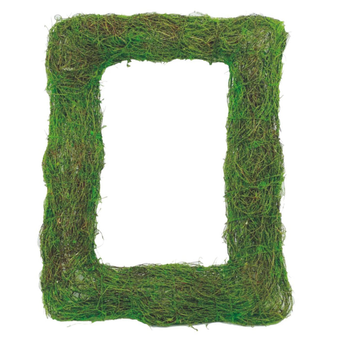 The 19 Inch x 15 Inch Rectangular Green Moss Wreath Form (62069GN) features green and brown natural moss with a textured surface and open center, ideal for rustic home décor or as a unique base for creative wreath making.