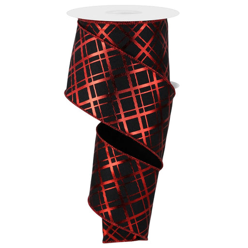 2.5 inch black ribbon with red diagonal stripe grid pattern, wired edge, available at Trendy Tree