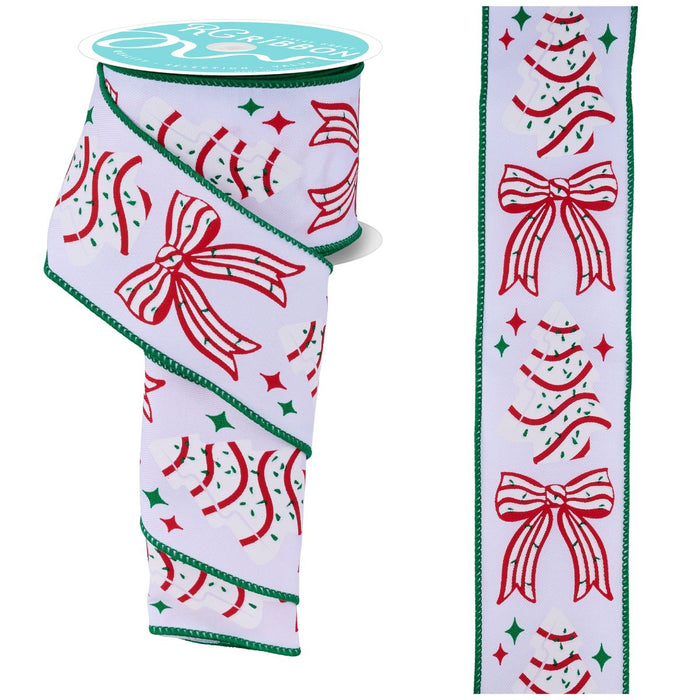 2.5" white Christmas ribbon with red and green bow and cake tree pattern, wired edge – available at Trendy Tree.