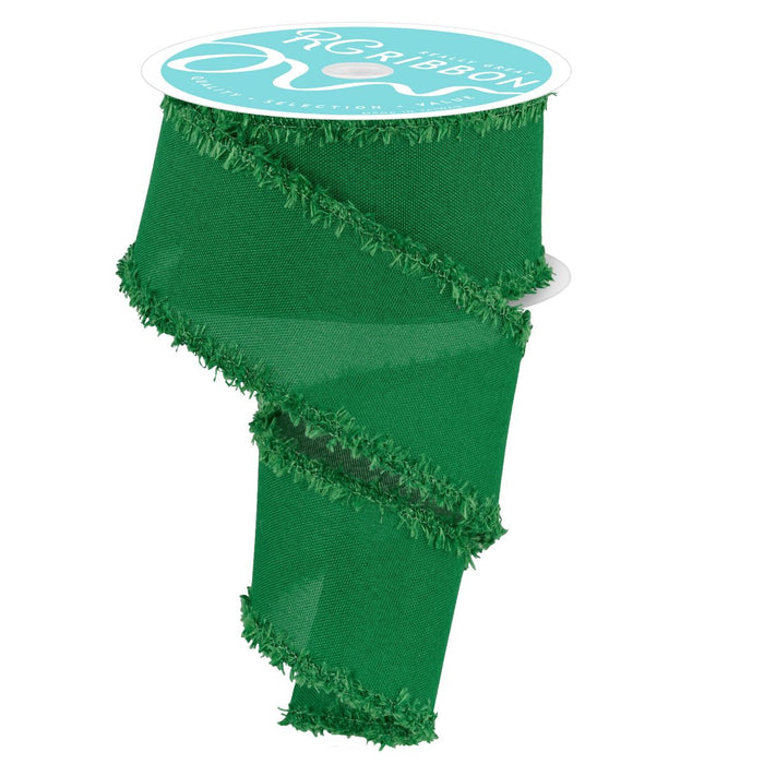 2.5 inch emerald green faux burlap ribbon with frayed edges, available at Trendy Tree