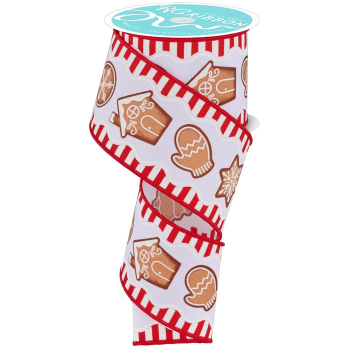 2.5 inch white ribbon with gingerbread cookies and candy stripe border, wired edge, available at Trendy Tree