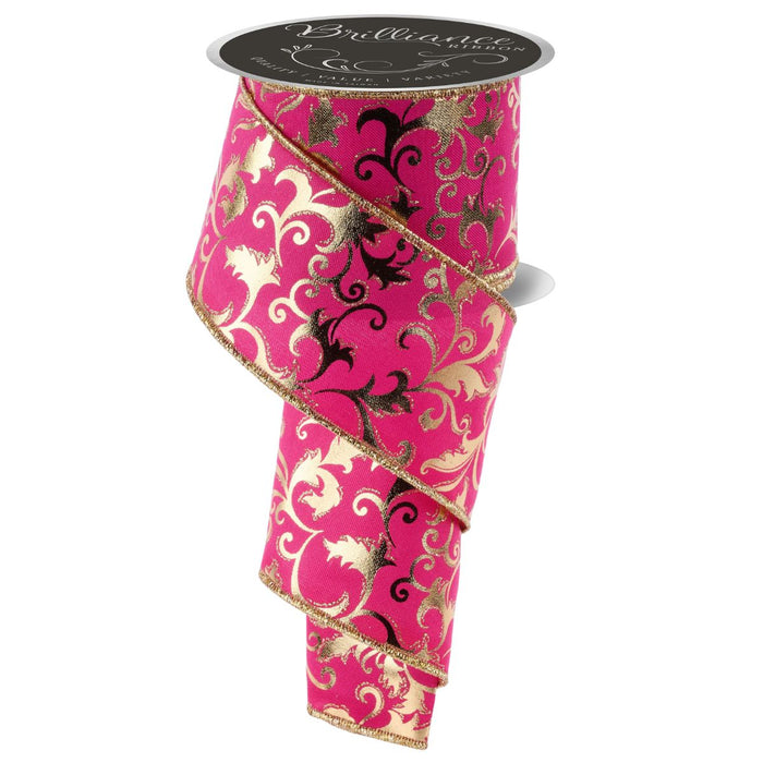 2.5" hot pink ribbon with gold and black metallic swirl leaf design – available at Trendy Tree.