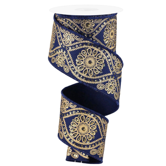 2.5 inch navy blue and gold glitter floral medallion wired ribbon, available at Trendy Tree