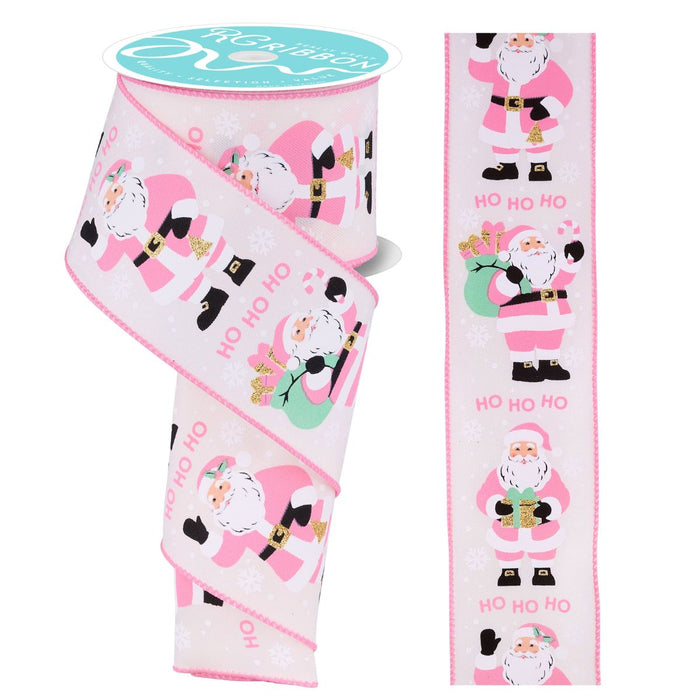 2.5" wired Christmas ribbon with pink Santa and Ho Ho Ho text, ivory background – available at Trendy Tree.
