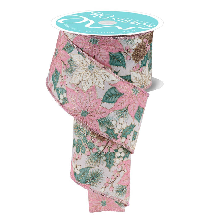2.5" wired ribbon with pink poinsettias, foliage, and pinecones in soft Christmas colors – available at Trendy Tree.