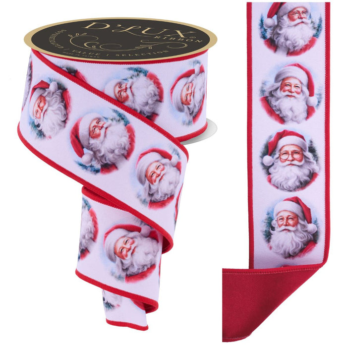 2.5" ribbon with vintage-style Santa print on white and red fused backing – available at Trendy Tree.