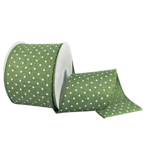 2.5" fern green ribbon roll with small white Swiss dots and a wired edge, partially unrolled.